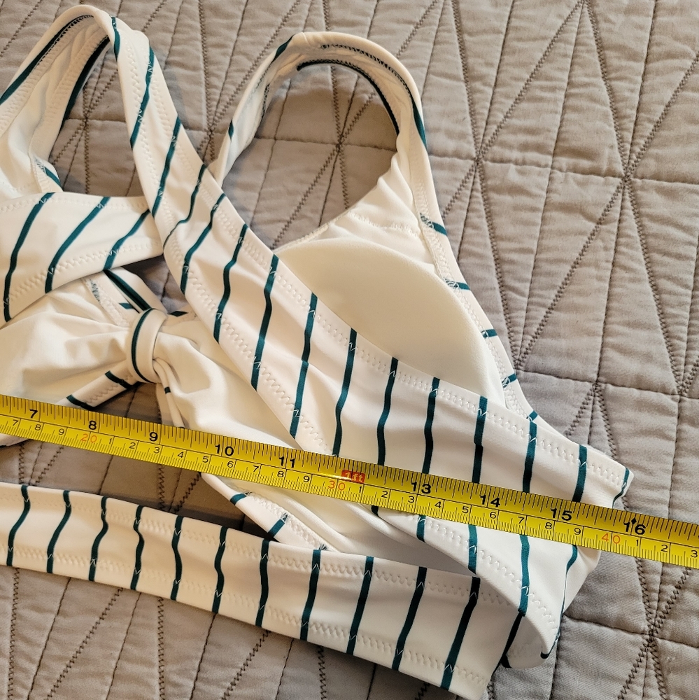 High Waisted Orange Bikini Bottoms w/ White & Teal Striped Wrap Around Top - Picture 6 of 7